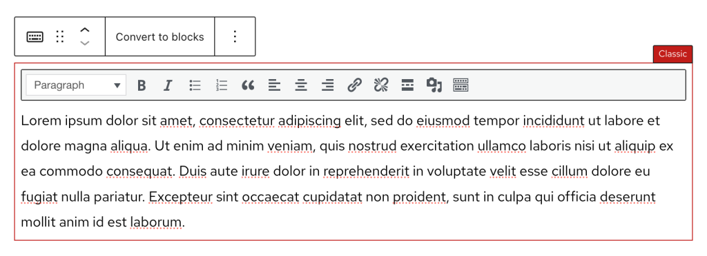 Screenshot of classic block with "Convert to blocks" button.