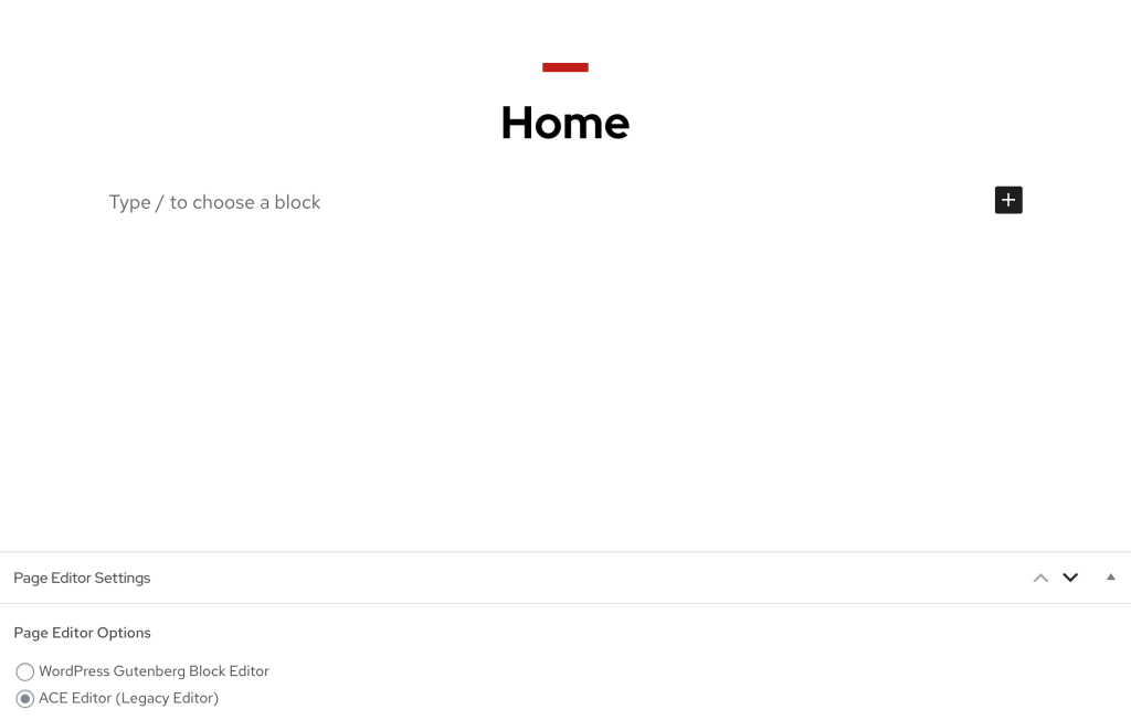 Screenshot of block editor for a site using the ACE editor. The "Page Editor Options" are a radio list with "WordPress Gutenberg Block Editor" and "ACE Editor (Legacy Editor)"