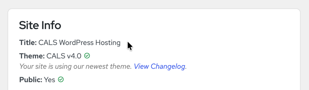 Image of site info tile that shows where a website is hosted and what theme it uses.